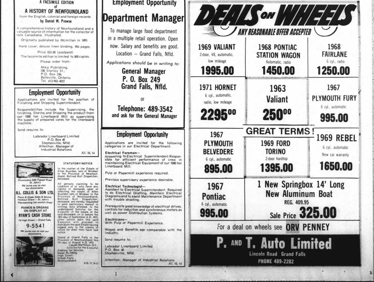 Full-page Deals on Wheels newspaper ad listing 1967-1971 used vehicles for sale at P&T Auto Limited, Lincoln Road, Grand Falls.