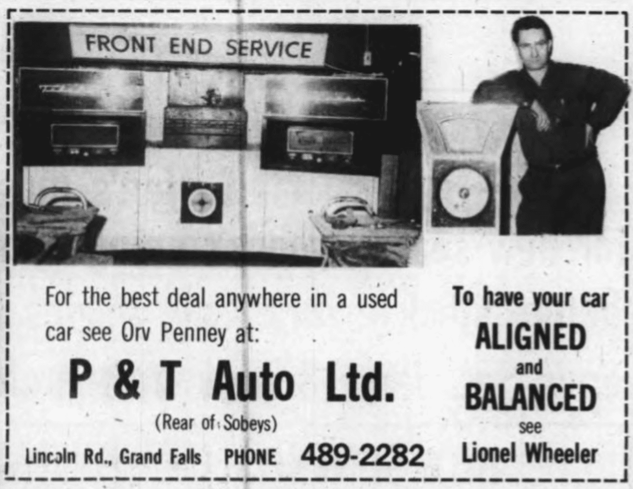 P&T Auto advertisement for used cars and front end alignment service with Lionel Wheeler.