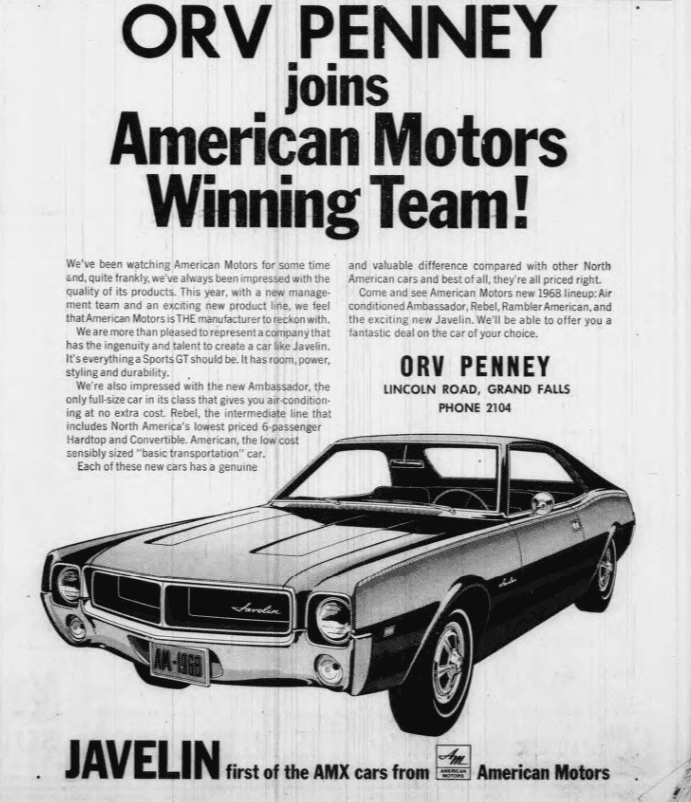 Orv Penney joins American Motors Winning Team advertisement featuring the AMC Javelin.