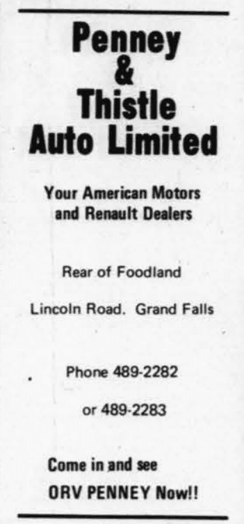Penney & Thistle Auto Limited advertisement for American Motors and Renault sales behind Foodland on Lincoln Road.