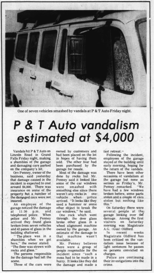 Newspaper article reporting vandalism damage at P&T Auto.