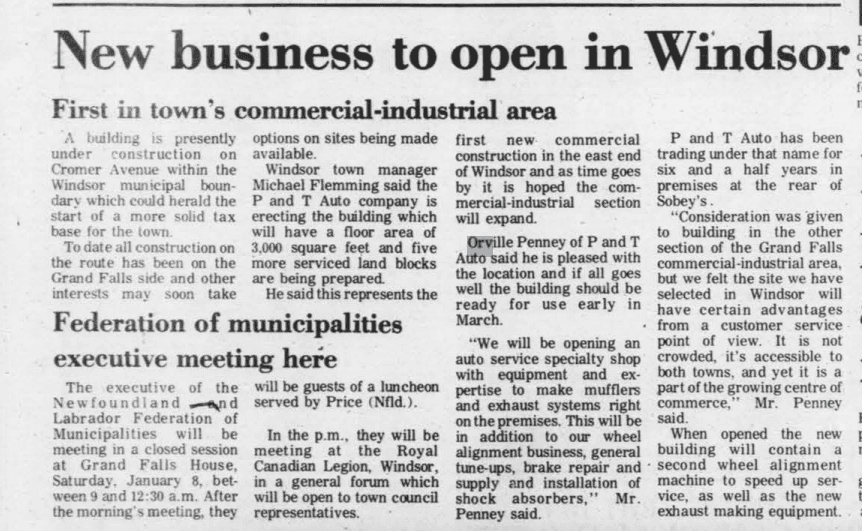 Newspaper article announcing P&T Auto's move to the Windsor commercial-industrial area.